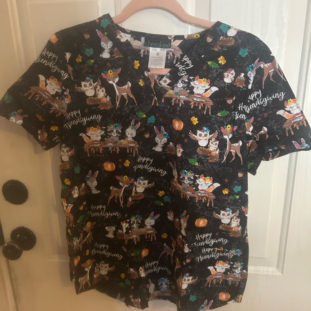 Cherokee Black Thanksgiving Woodland Animals Short Sleeve Tee